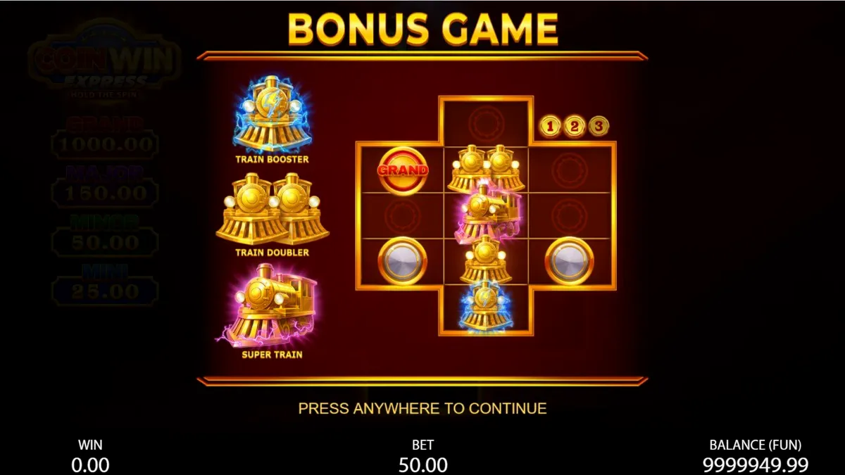 Locomotiva dourada e símbolos de frutas no slot Coin Win Express