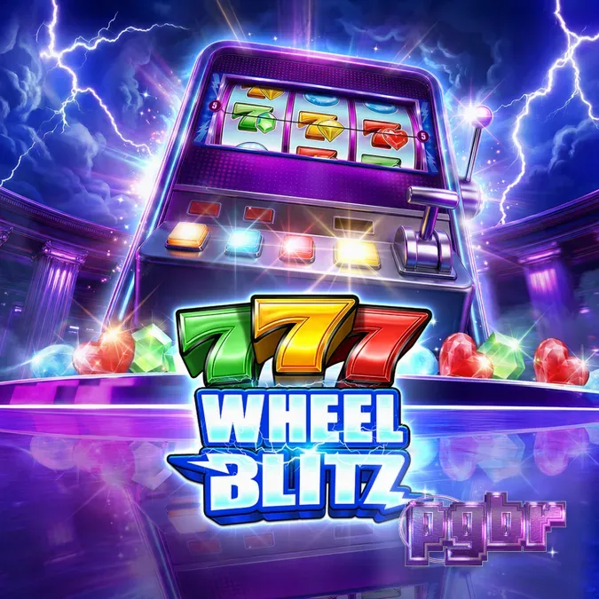 Interface visual vibrante e brilhante do slot 777 Wheel Blitz com símbolos de pedras preciosas.